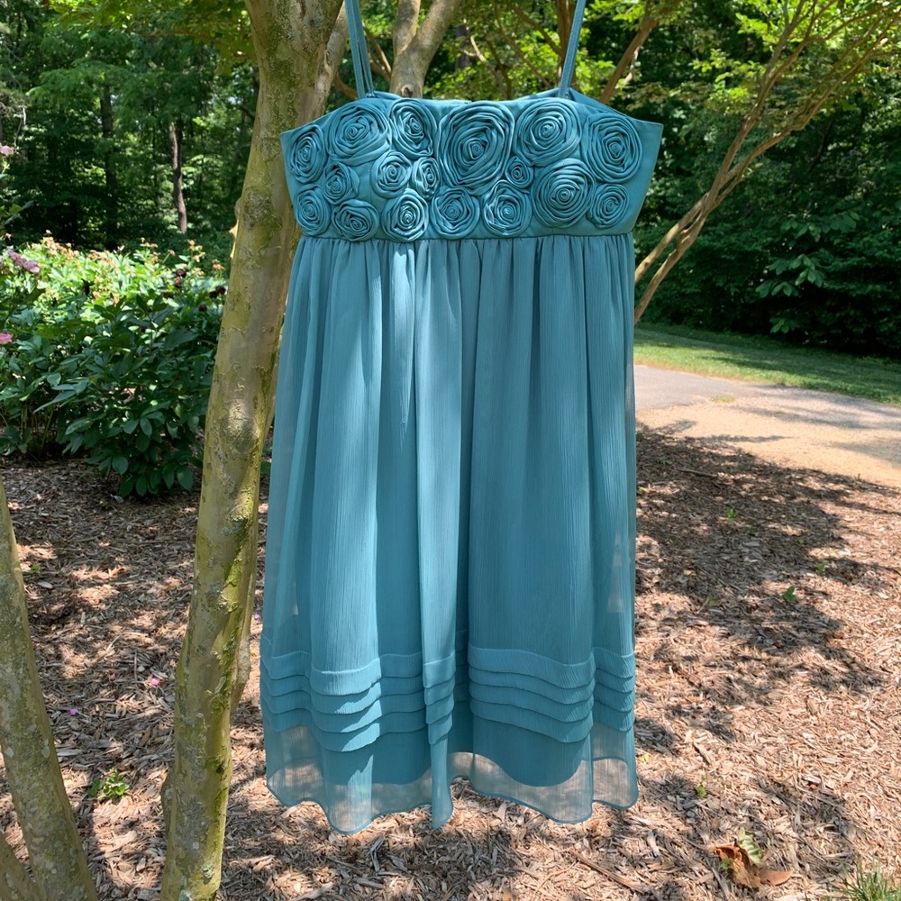 BCBG Paris strapless knee length dress in sage green chiffon